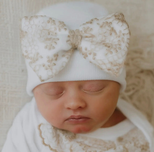 Gold Lace Bow/White Newborn Hospital Hat