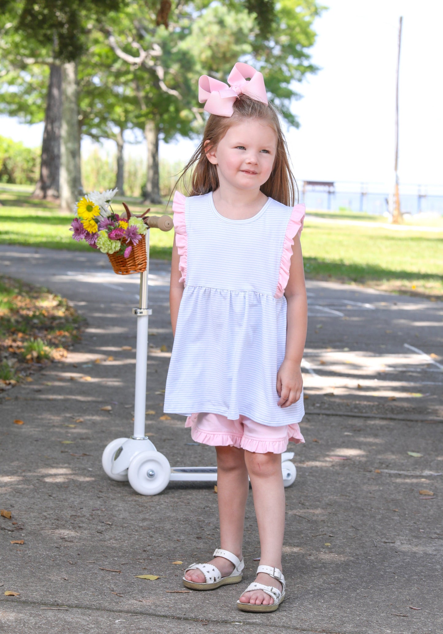 Josie Short Set Light Blue Stripe/Pk Trim by Trotter Street Kids