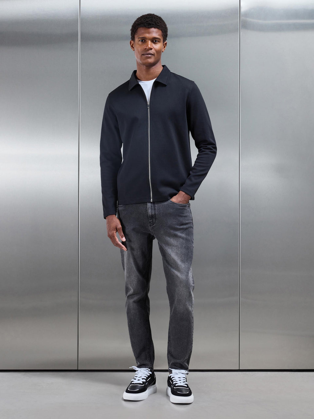 Cotton Jersey Zip Through Overshirt in Black