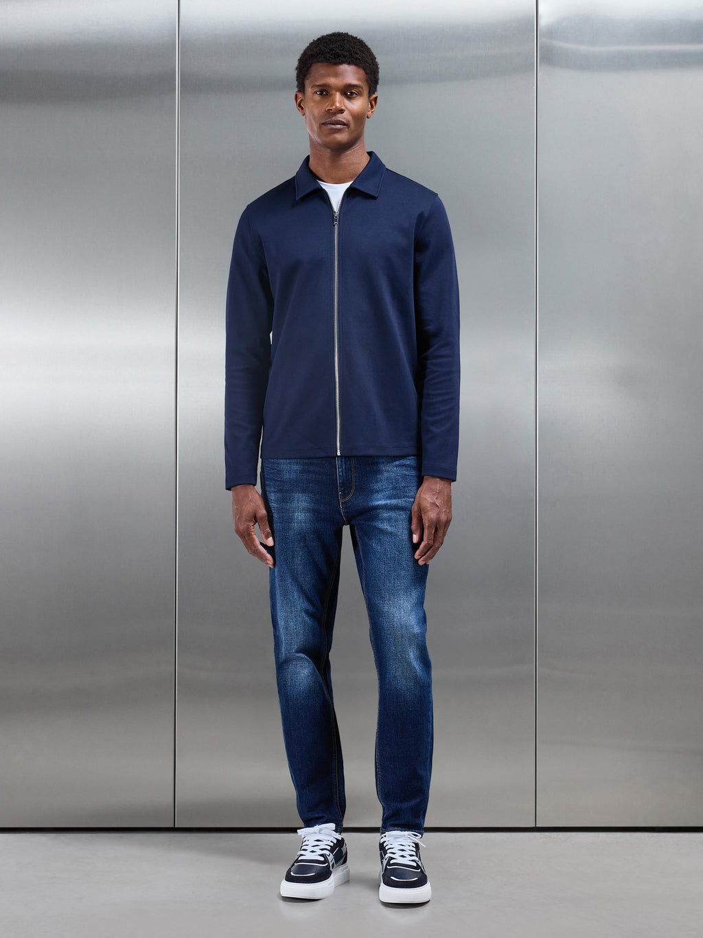 Cotton Jersey Zip Through Overshirt in Navy
