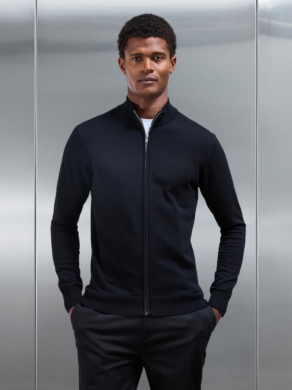 Cotton Knitted Zip Through Jacket in Black
