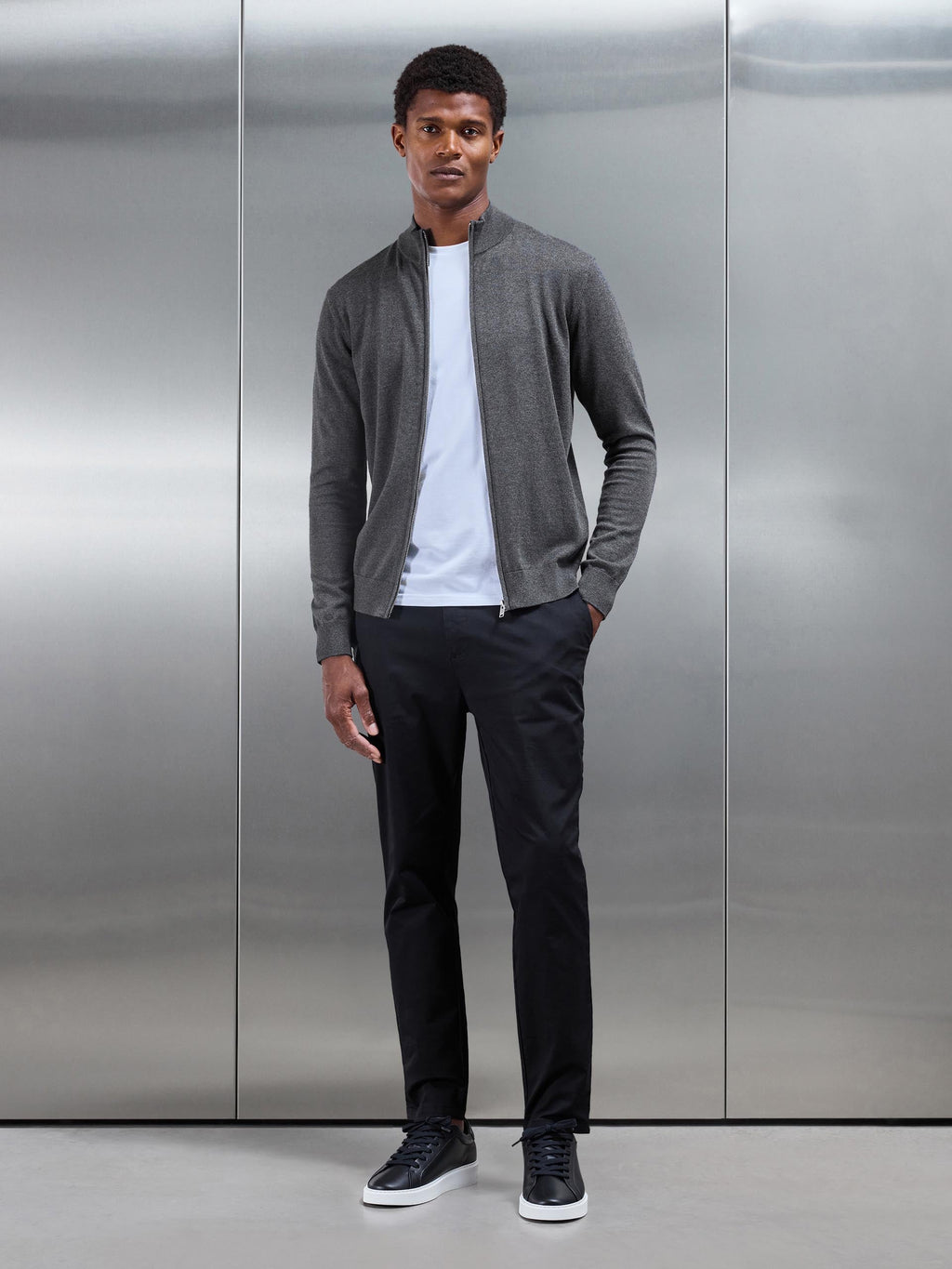 Cotton Knitted Zip Through Jacket in Charcoal Marl