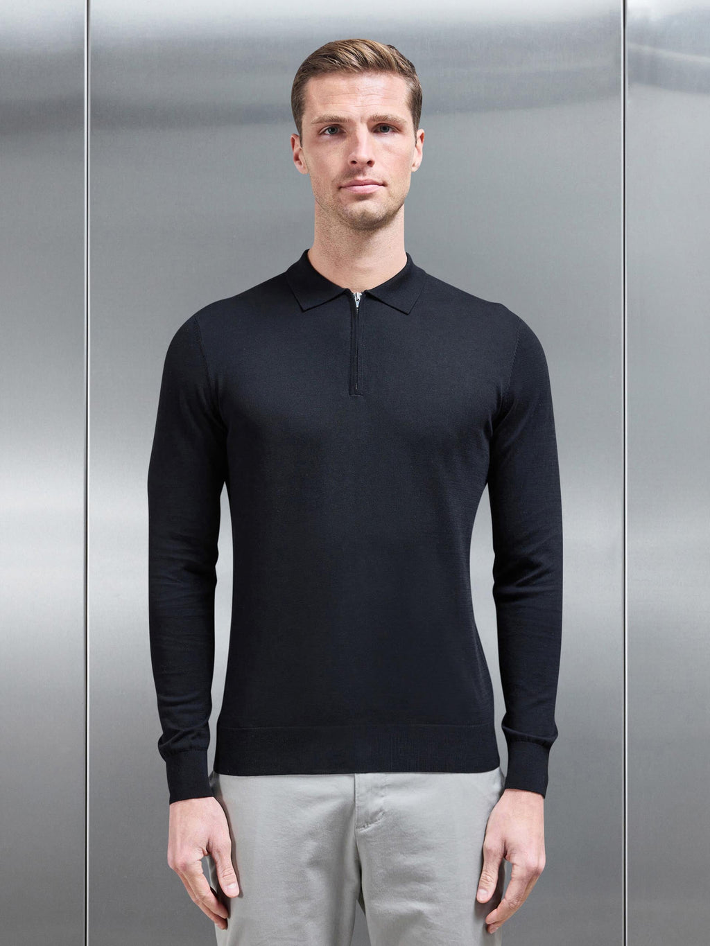Cotton and Silk Long Sleeve Zip Polo Shirt in Black