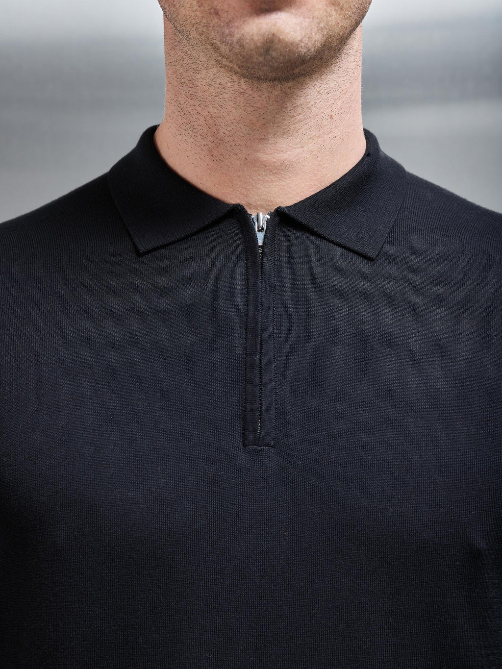 Cotton and Silk Long Sleeve Zip Polo Shirt in Black