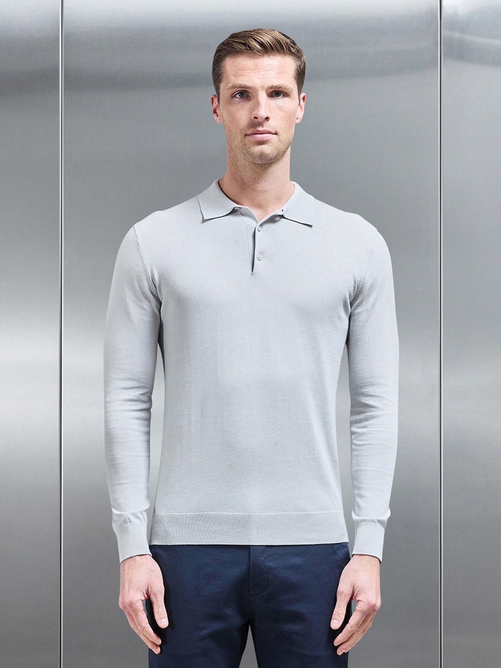 Cotton and Silk Long Sleeve Button Polo Shirt in Mid Grey