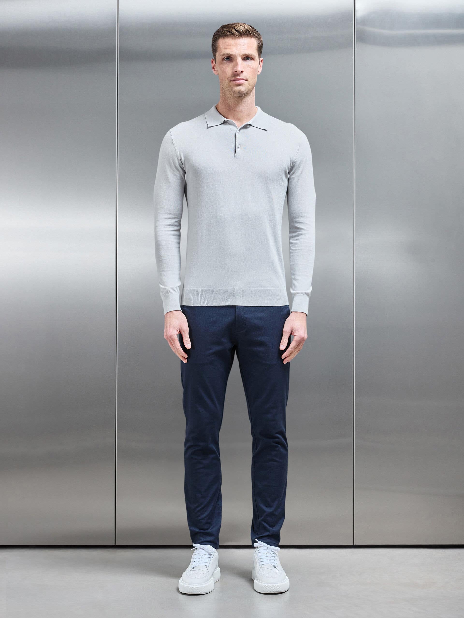 Cotton and Silk Long Sleeve Button Polo Shirt in Mid Grey