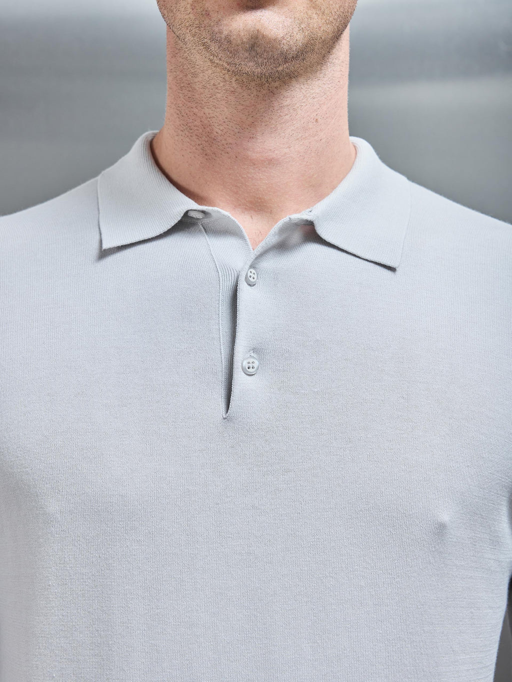 Cotton and Silk Long Sleeve Button Polo Shirt in Mid Grey