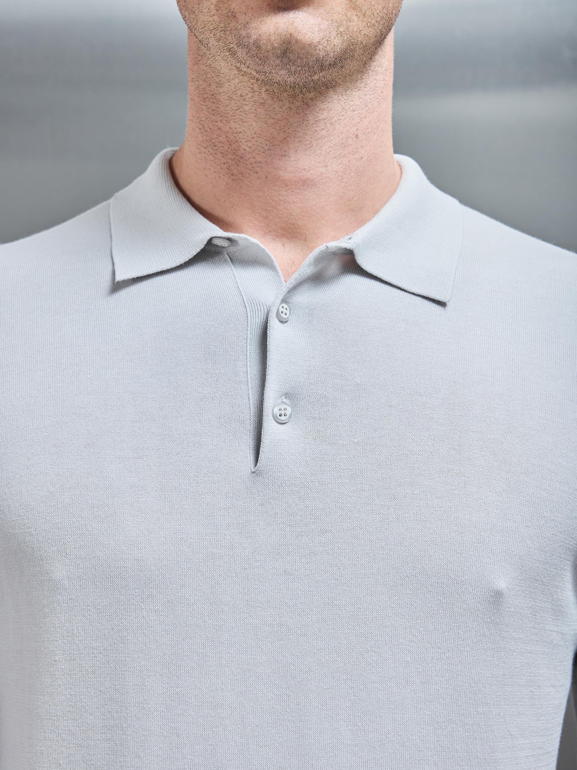 Cotton and Silk Long Sleeve Button Polo Shirt in Mid Grey