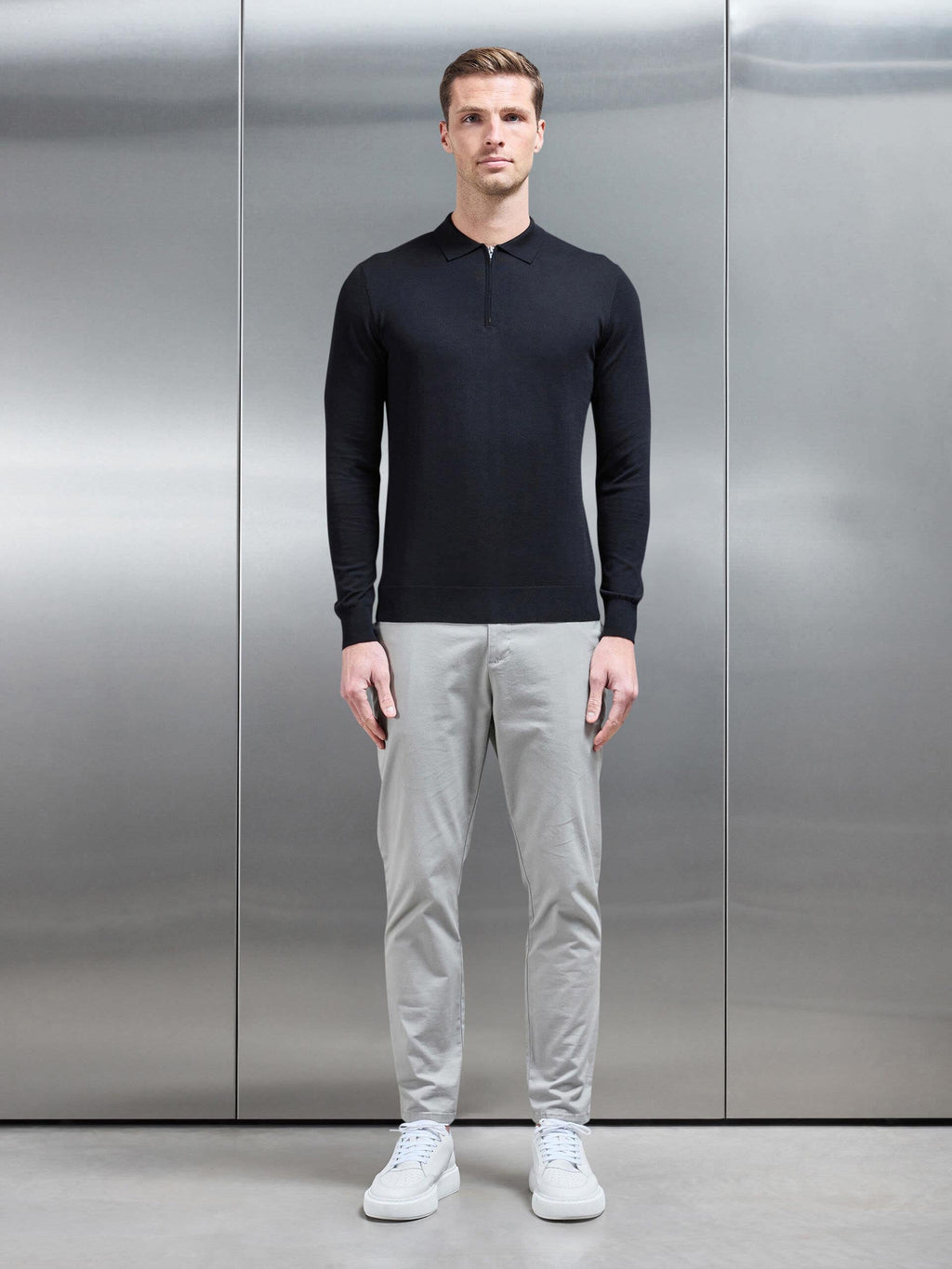 Cotton and Silk Long Sleeve Zip Polo Shirt in Black