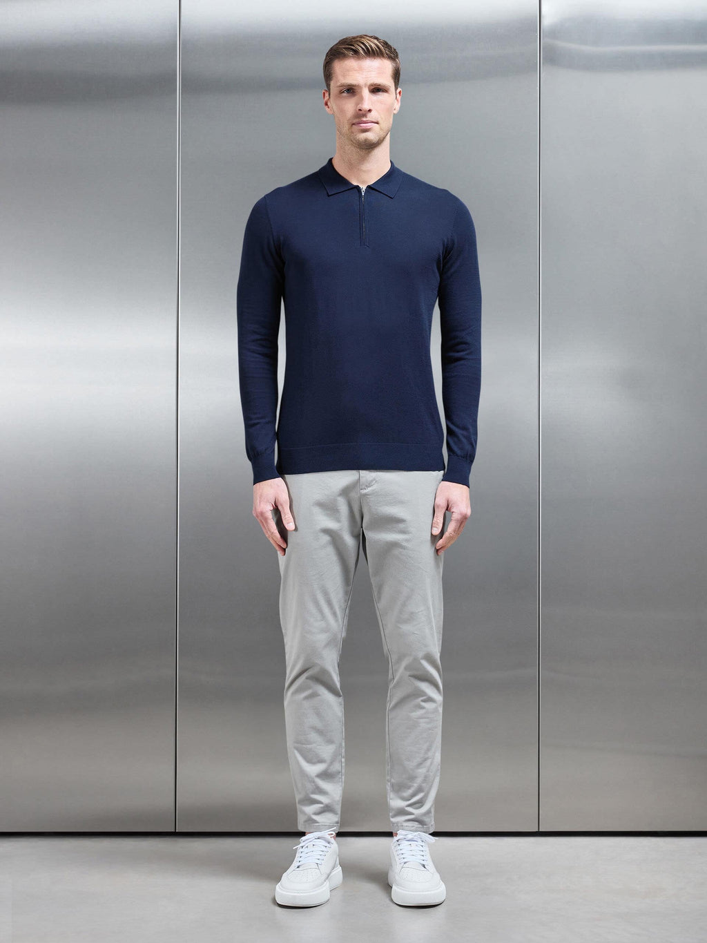 Cotton and Silk Long Sleeve Zip Polo Shirt in Navy