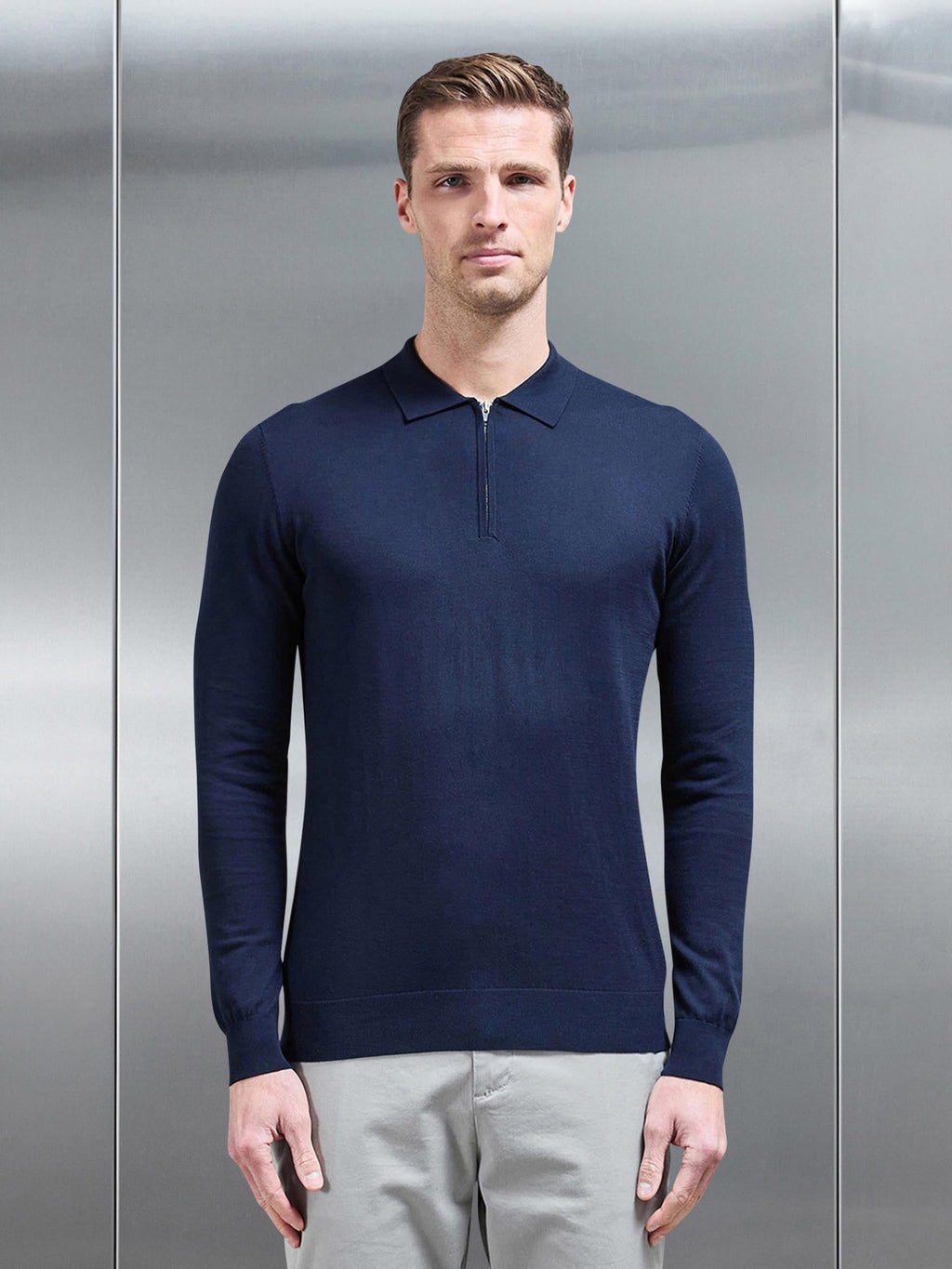 Cotton and Silk Long Sleeve Zip Polo Shirt in Navy