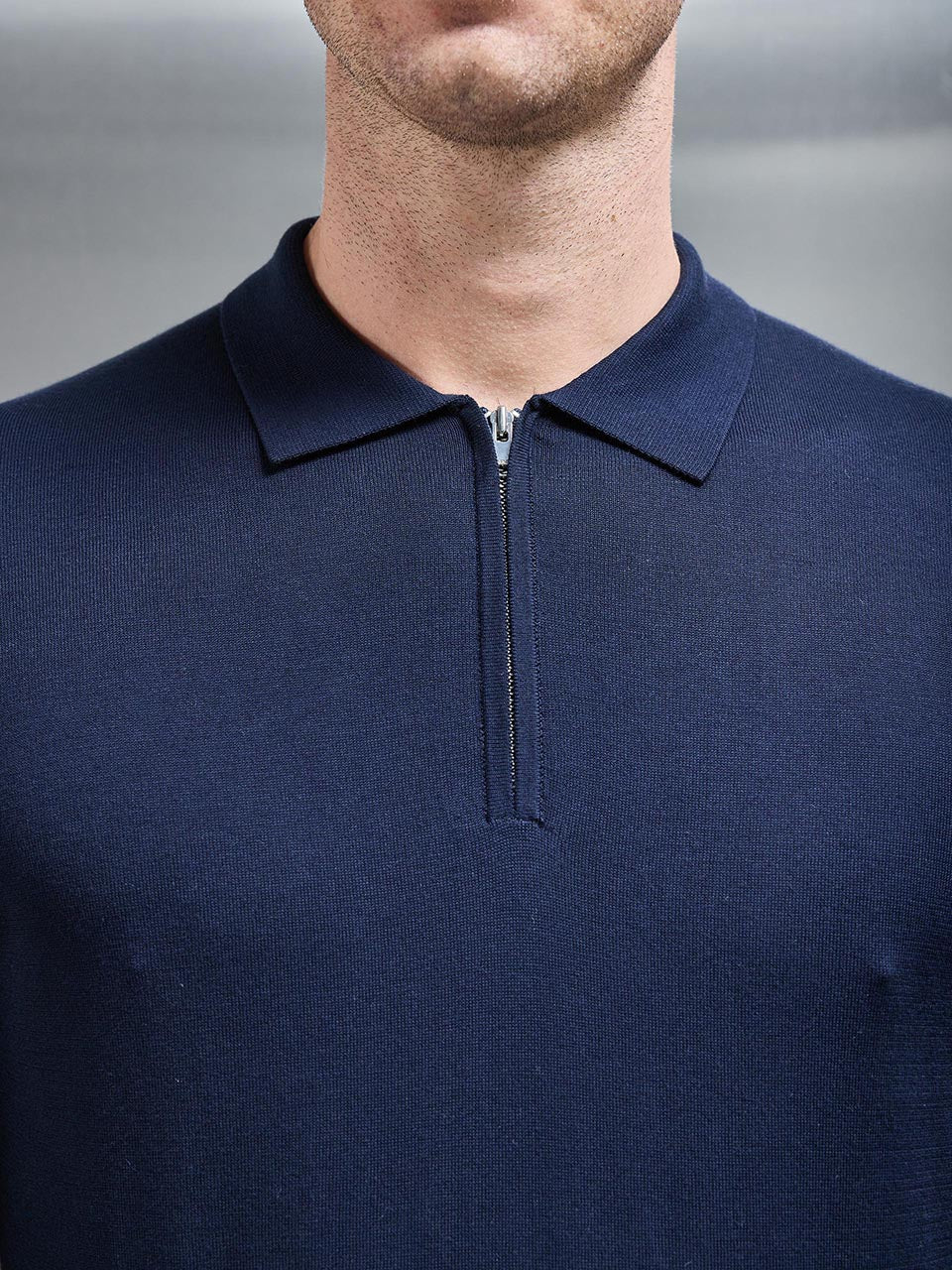 Cotton and Silk Long Sleeve Zip Polo Shirt in Navy