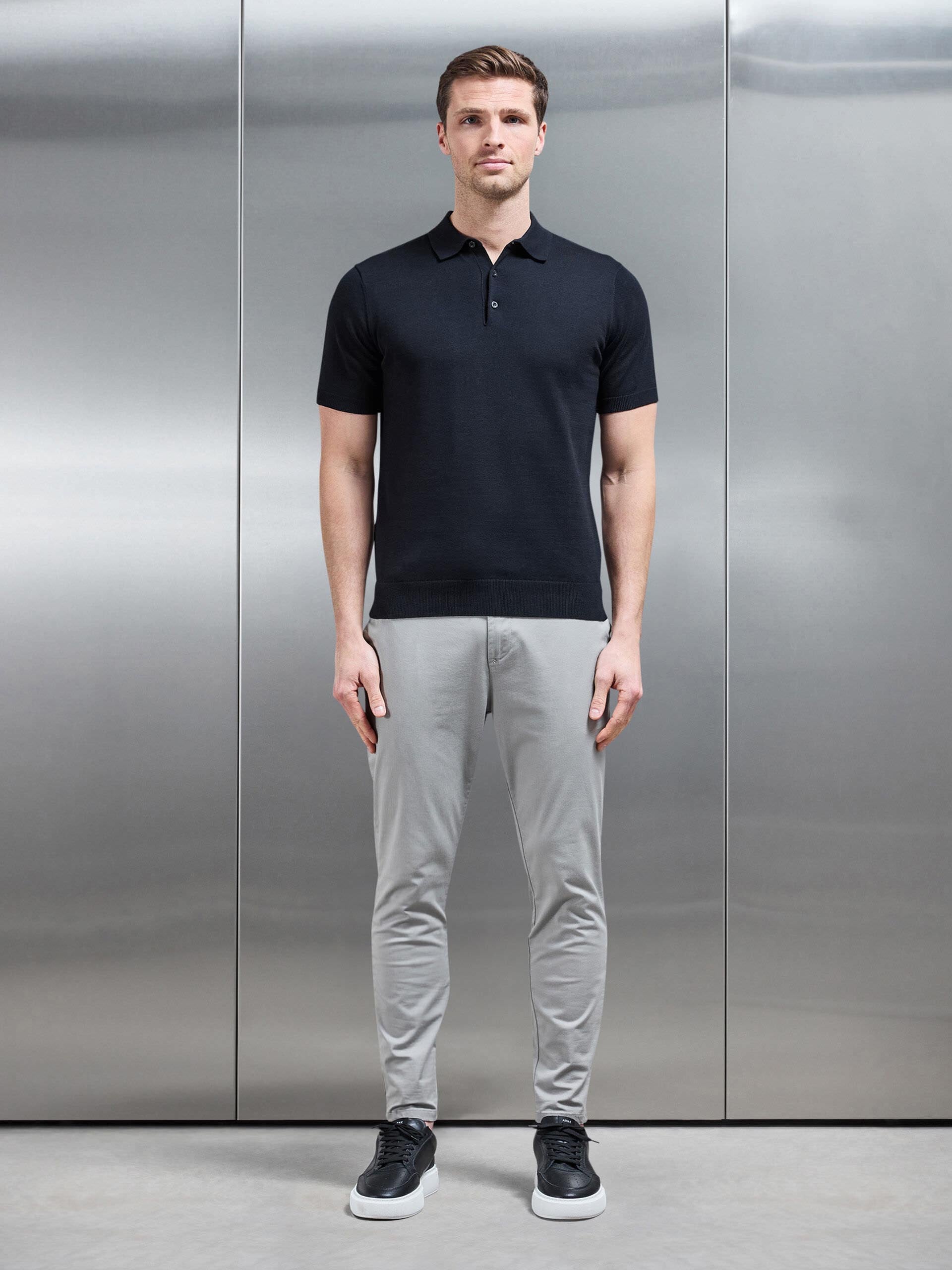 Cotton Knitted Button Polo Shirt in Black