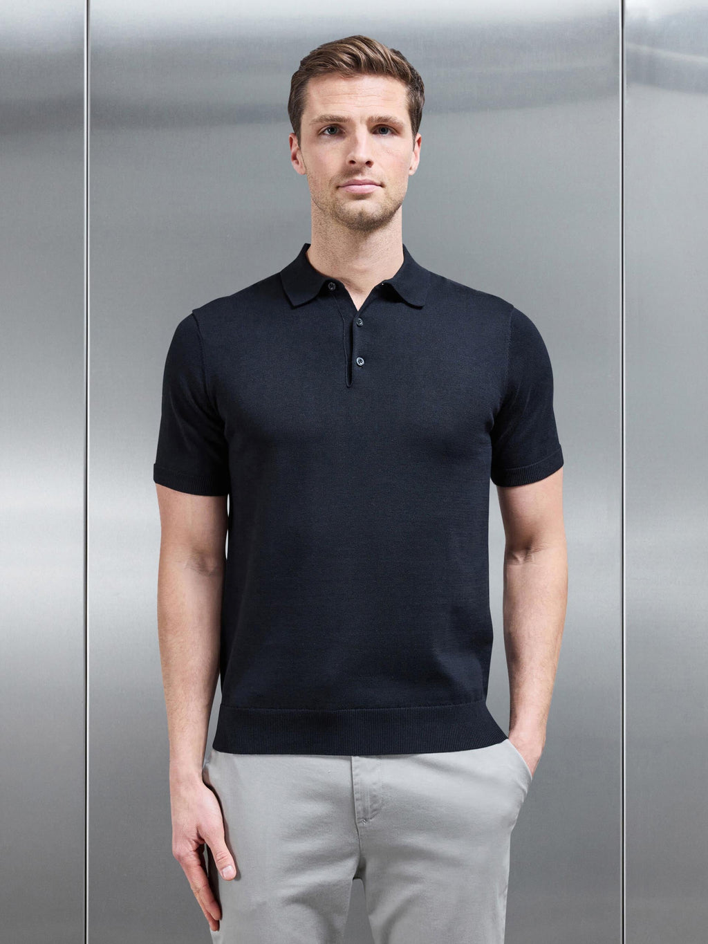 Cotton Knitted Button Polo Shirt in Black