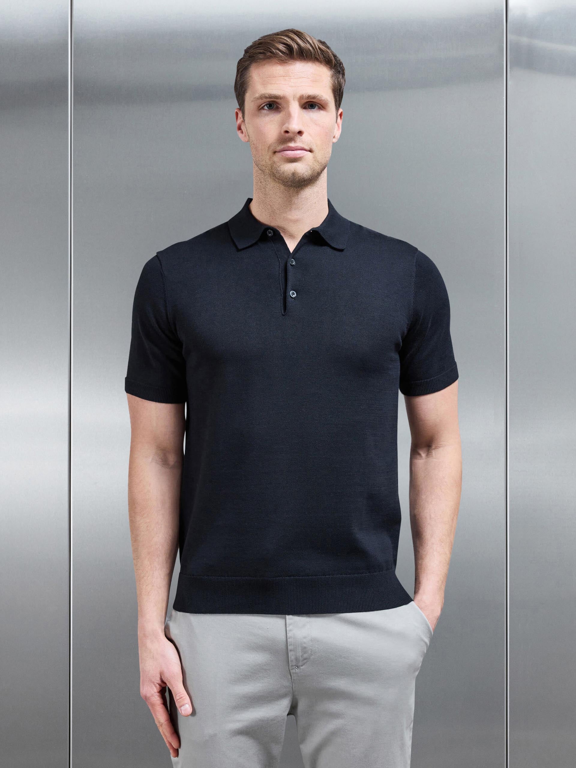 Cotton Knitted Button Polo Shirt in Black