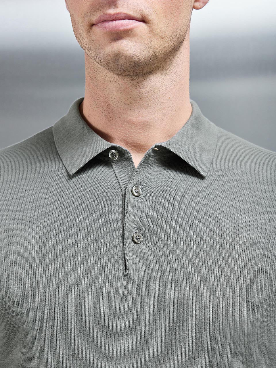 Cotton and Silk Long Sleeve Button Polo Shirt in Sage