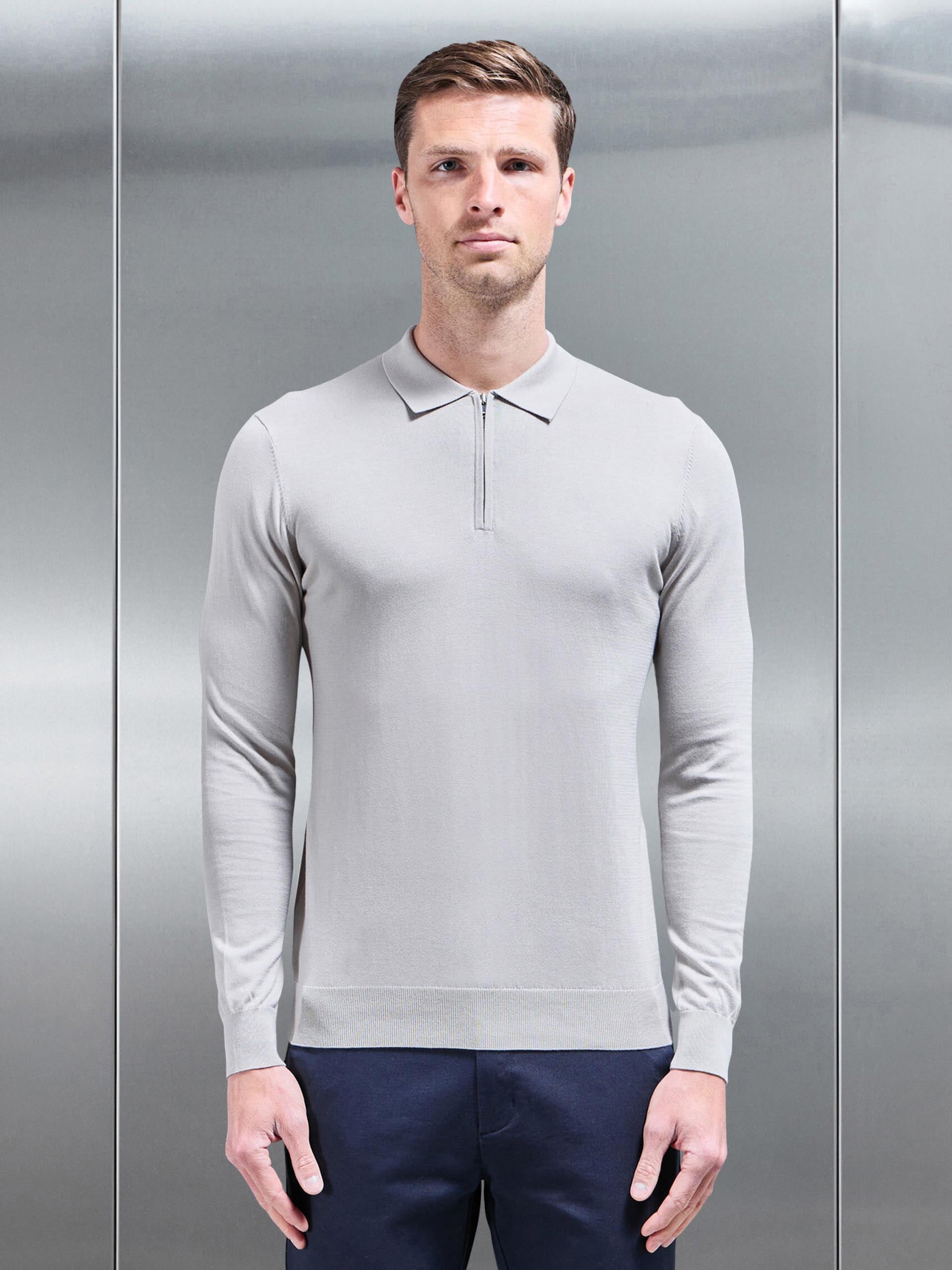 Cotton and Silk Long Sleeve Zip Polo Shirt in Stone