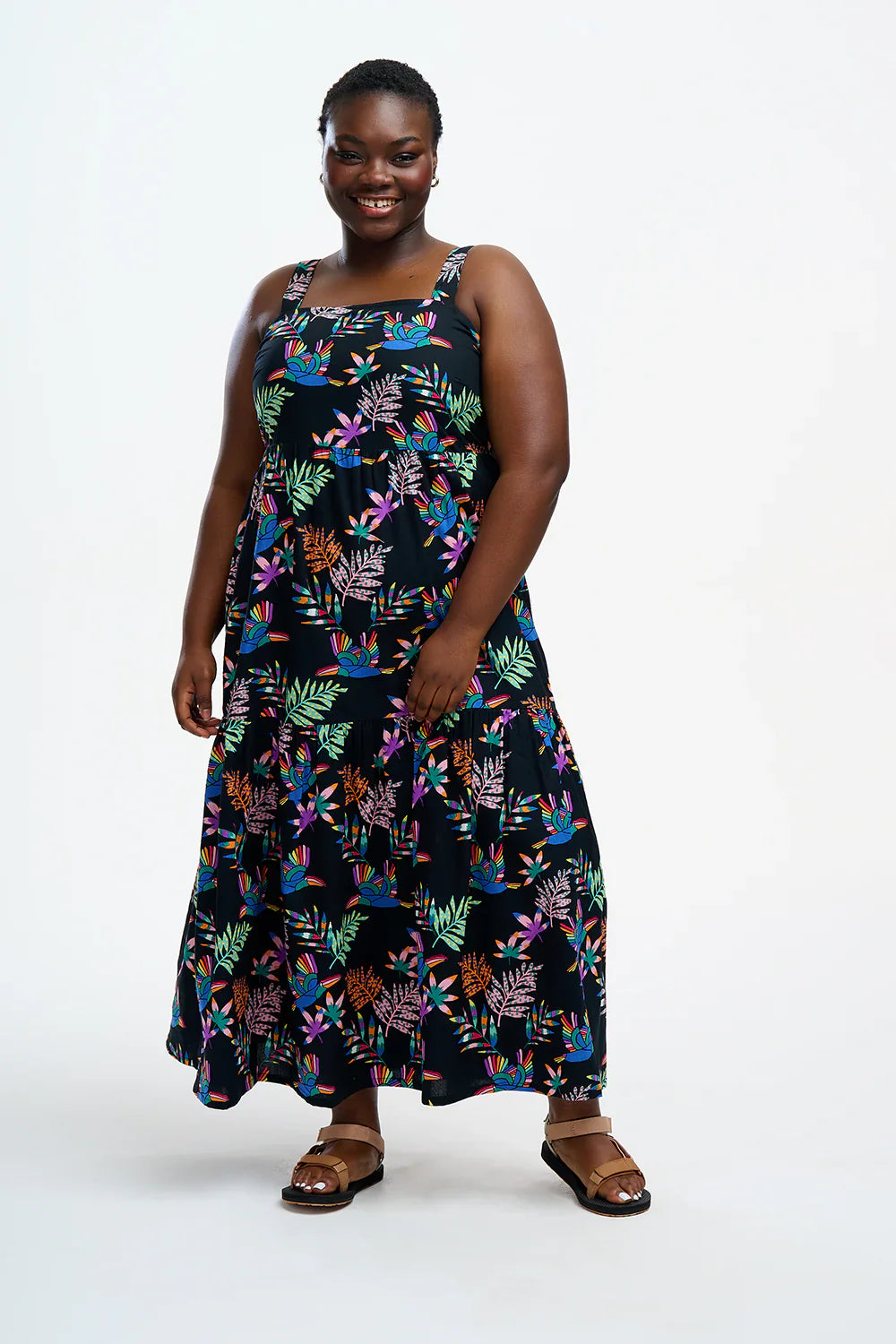 Charlotte Maxi Tiered Sundress - Black, Rainbow Toucans