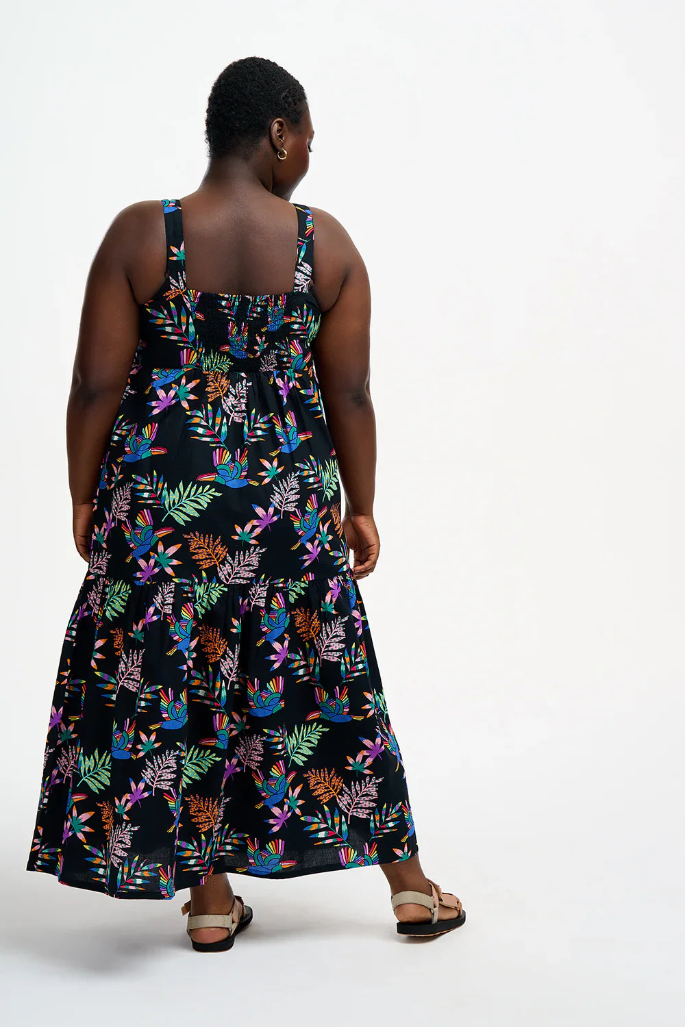 Charlotte Maxi Tiered Sundress - Black, Rainbow Toucans
