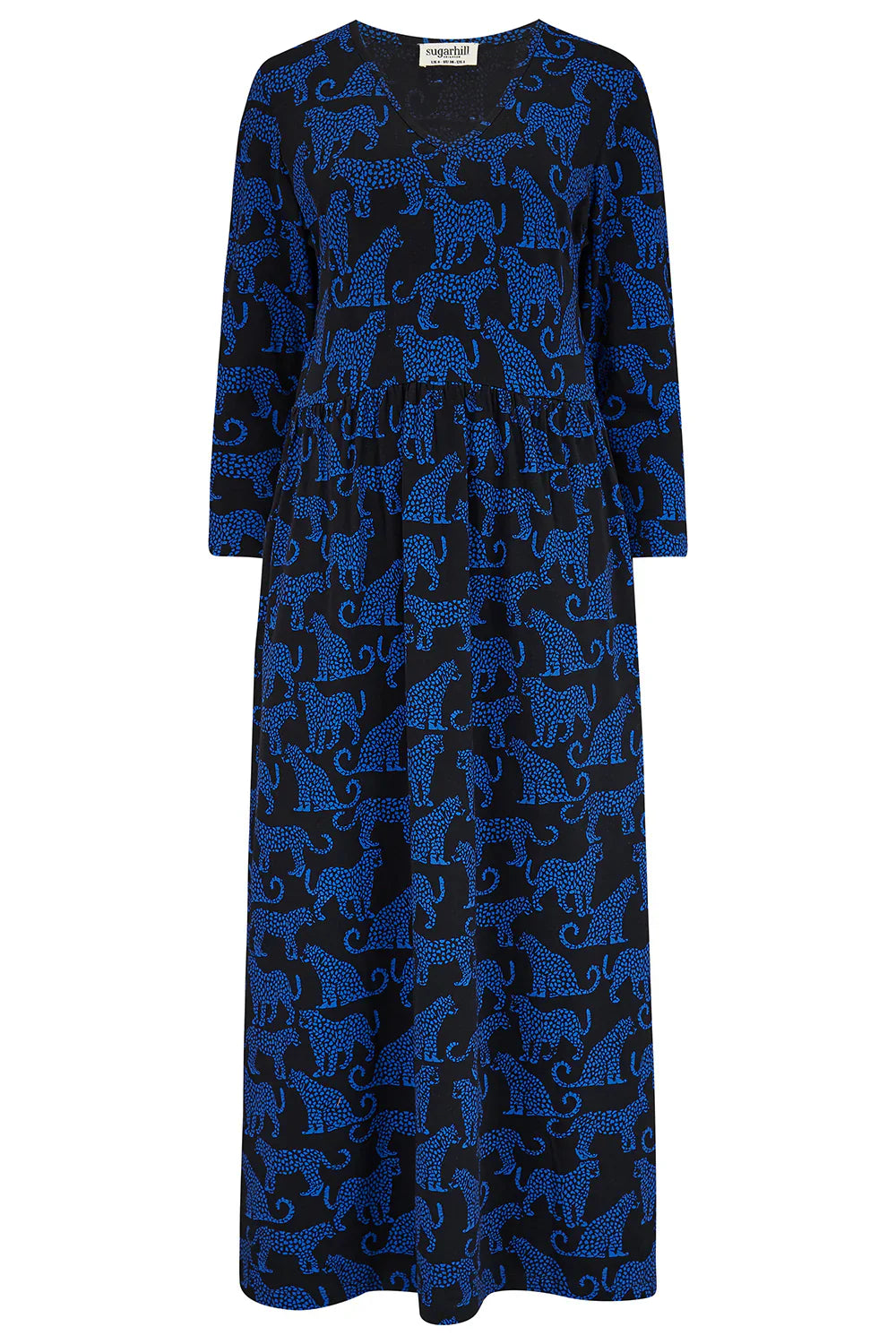 Evelyn Midi Jersey Dress - Black/Blue, Leopard Spots