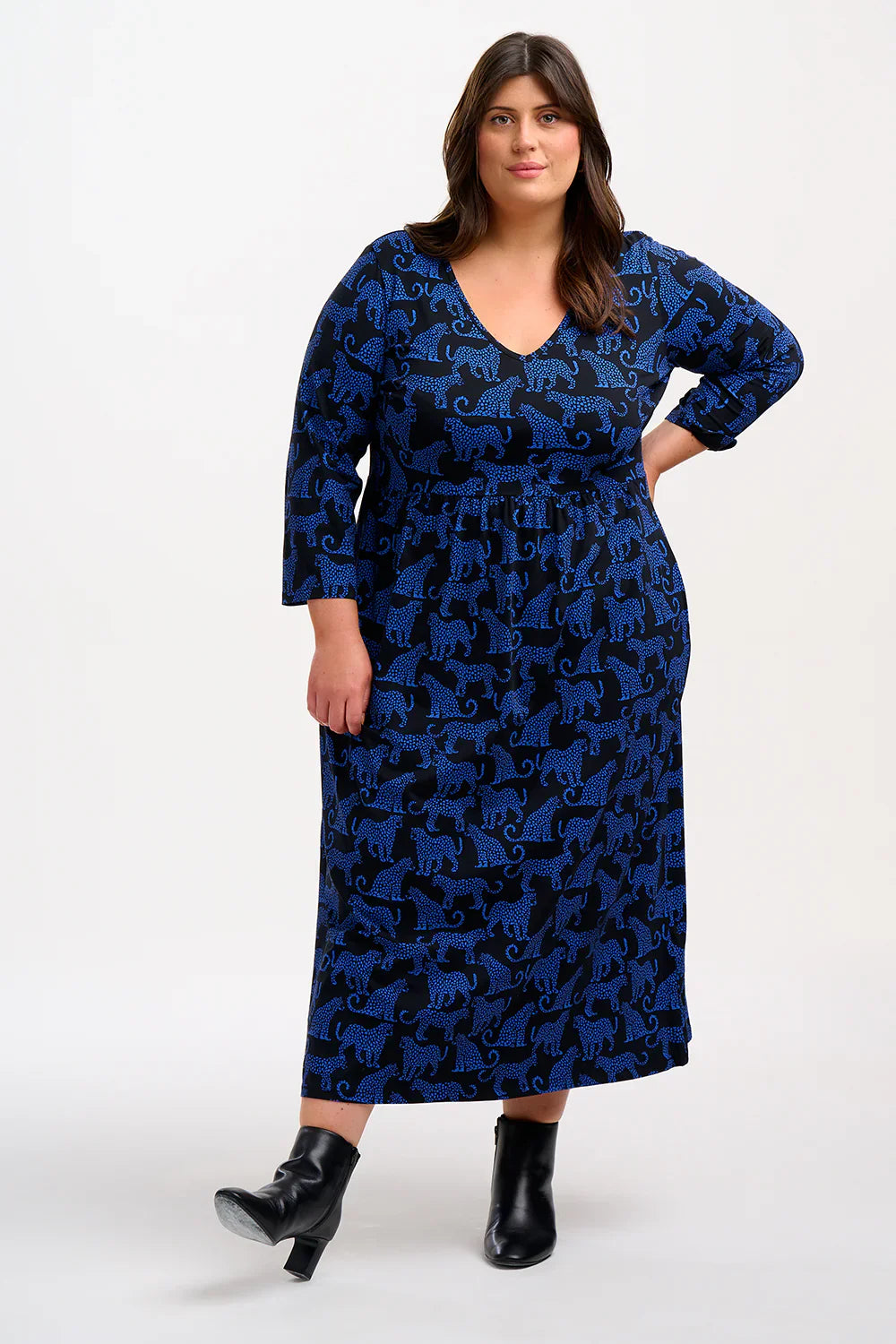 Evelyn Midi Jersey Dress - Black/Blue, Leopard Spots