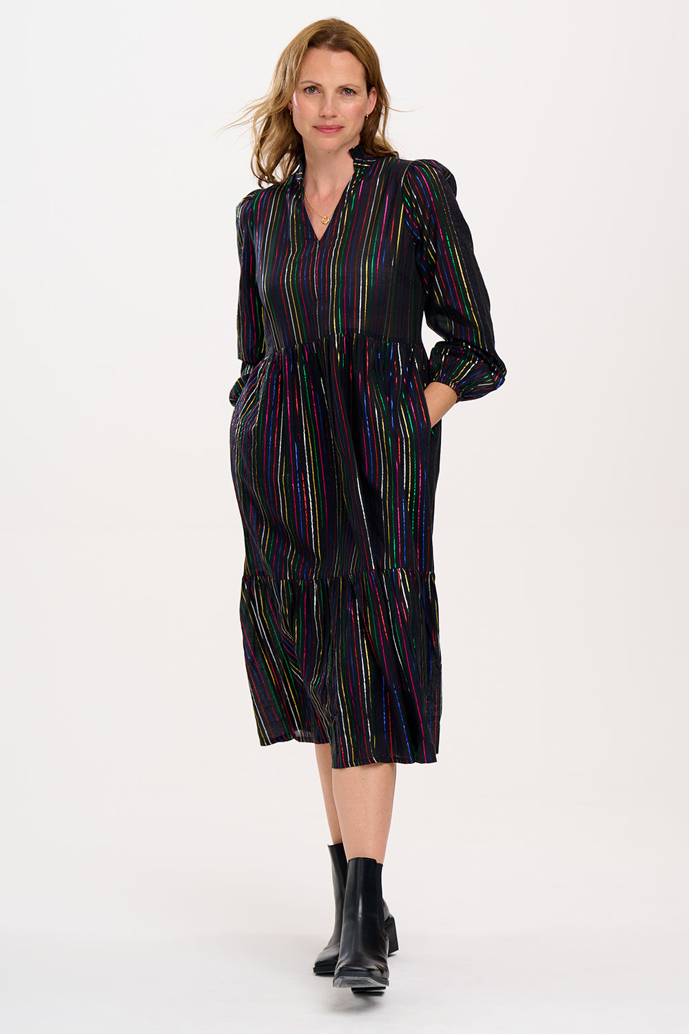 Esmeralda Midi Smock Dress - Black, Metallic Rainbow Stripe