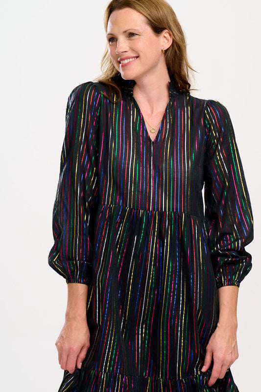 Esmeralda Midi Smock Dress - Black, Metallic Rainbow Stripe