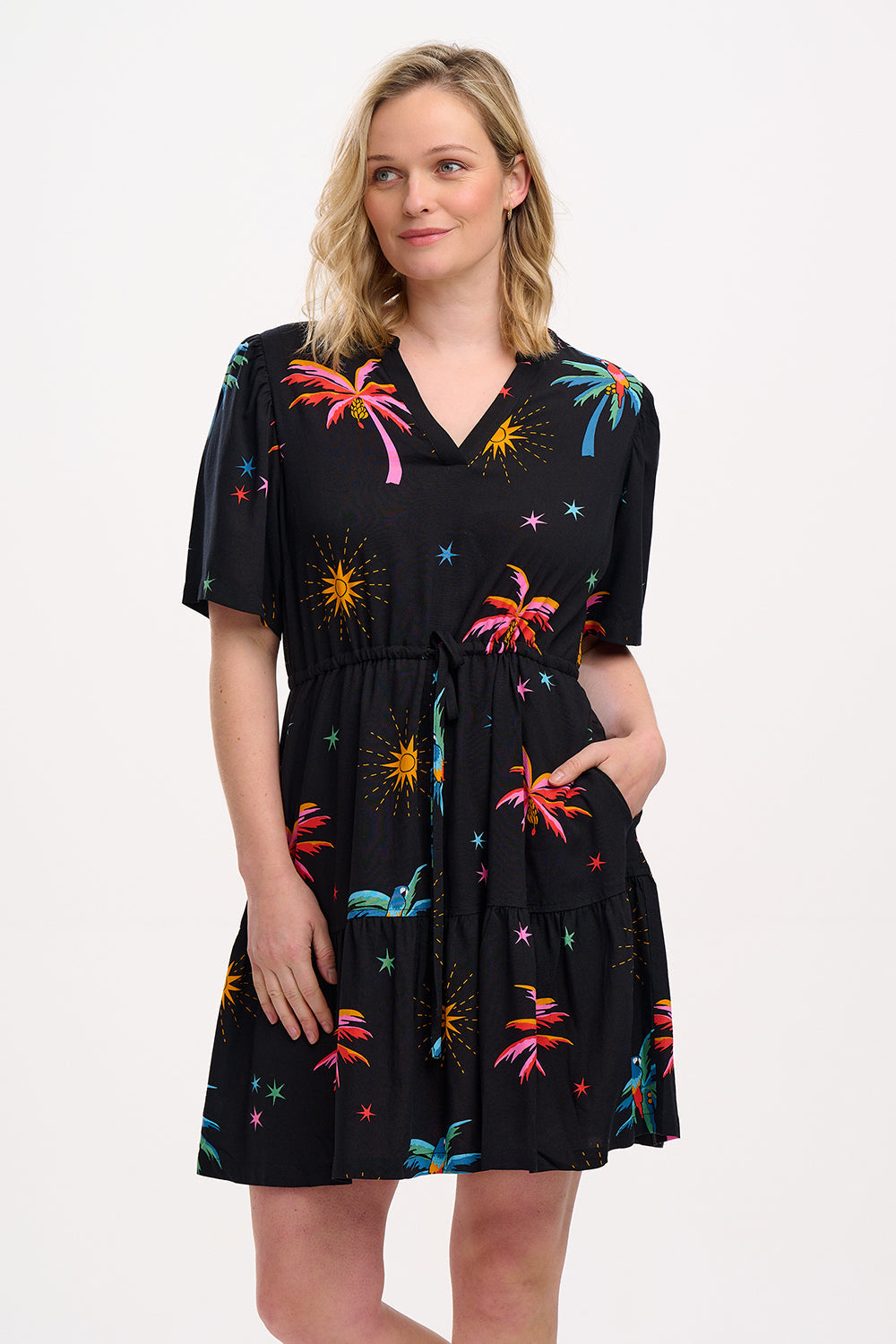 Sabine Mini Dress - Black Palms & Sunshine