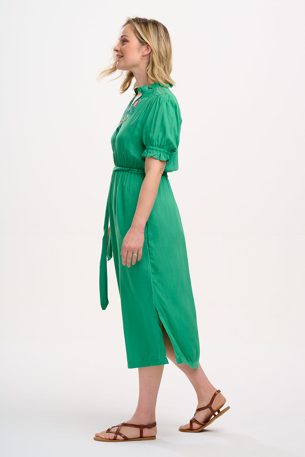 Carlota Midi Dress - Green, Folk Floral Embroidery