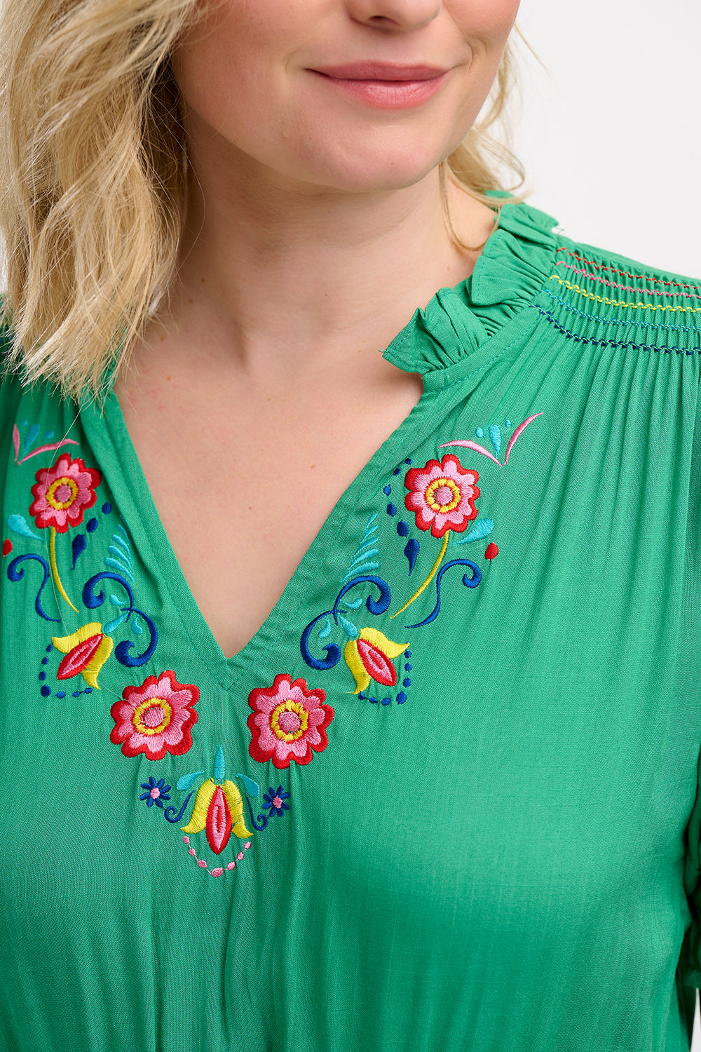 Carlota Midi Dress - Green, Folk Floral Embroidery