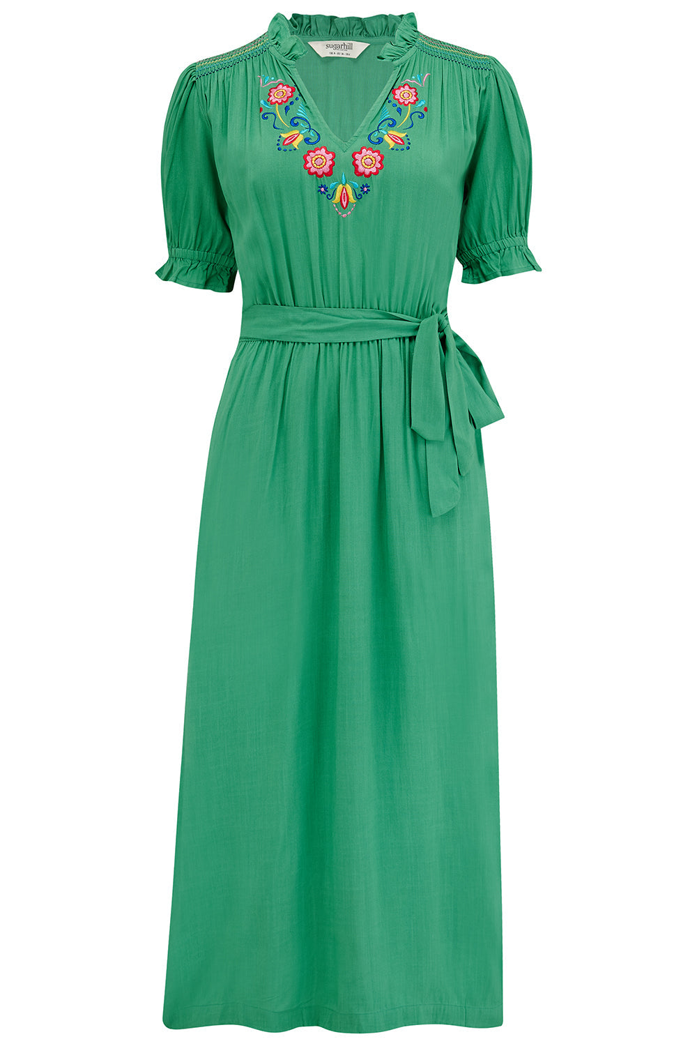 Carlota Midi Dress - Green, Folk Floral Embroidery