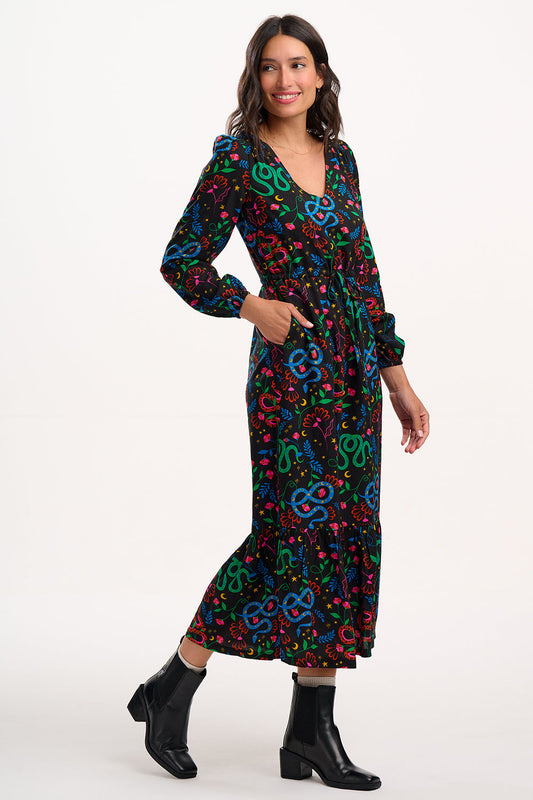 Roxanne Maxi Tiered Dress - Black, Snake Floral