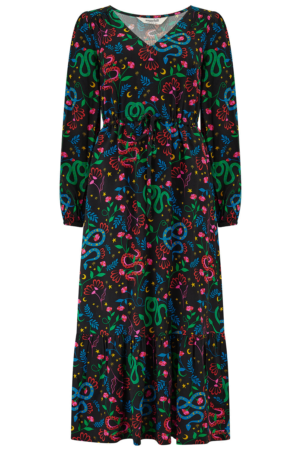 Roxanne Maxi Tiered Dress - Black, Snake Floral