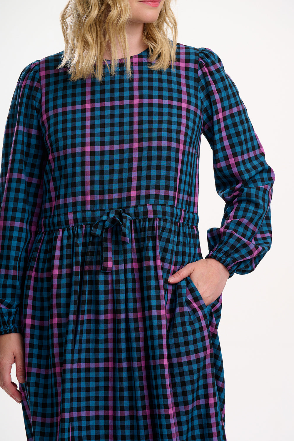 Yasmin Smock Midi Dress - Black/Teal, Twilight Gingham