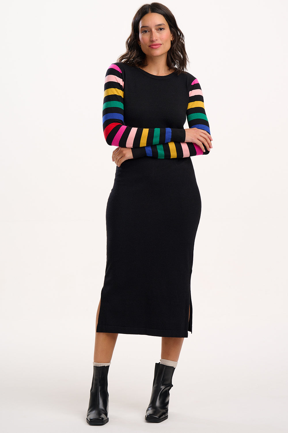 Liselle Knit Midi Dress - Black Rainbow Sleeve