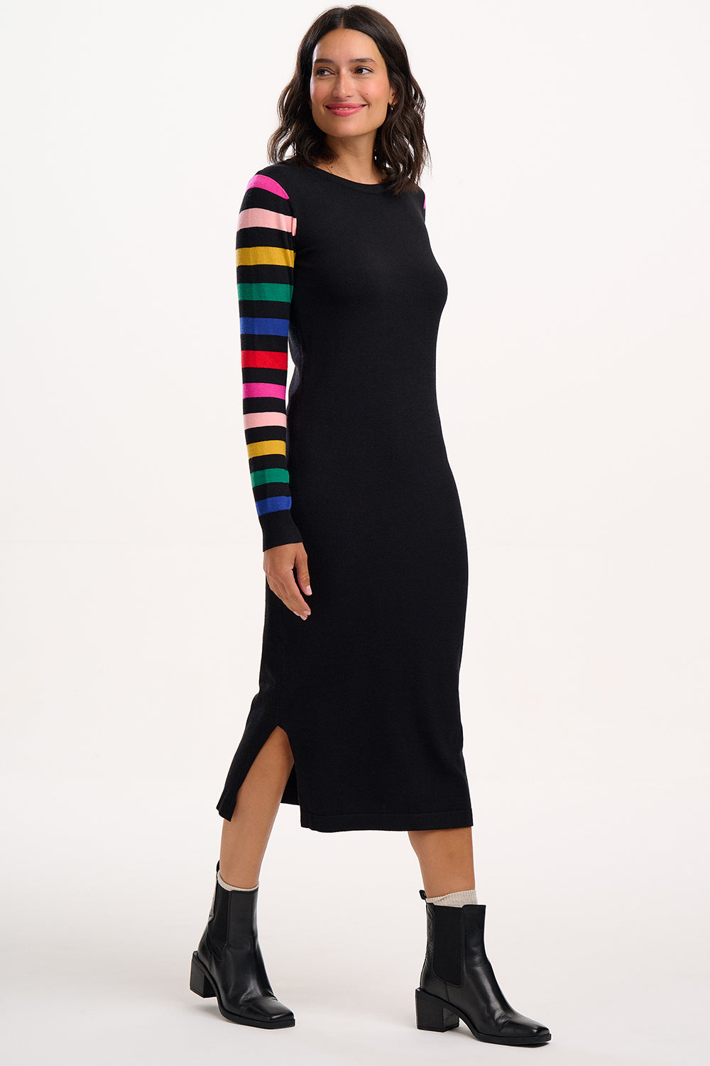 Liselle Knit Midi Dress - Black Rainbow Sleeve