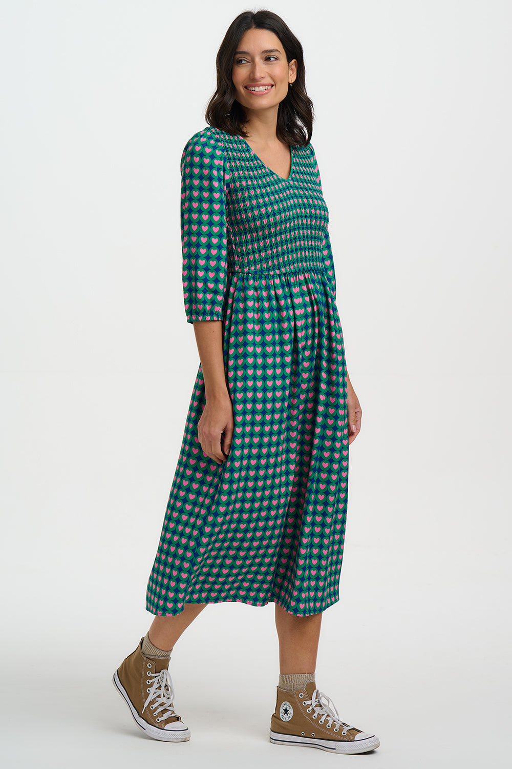 Della Shirred Midi Dress - Navy, Heart Tile