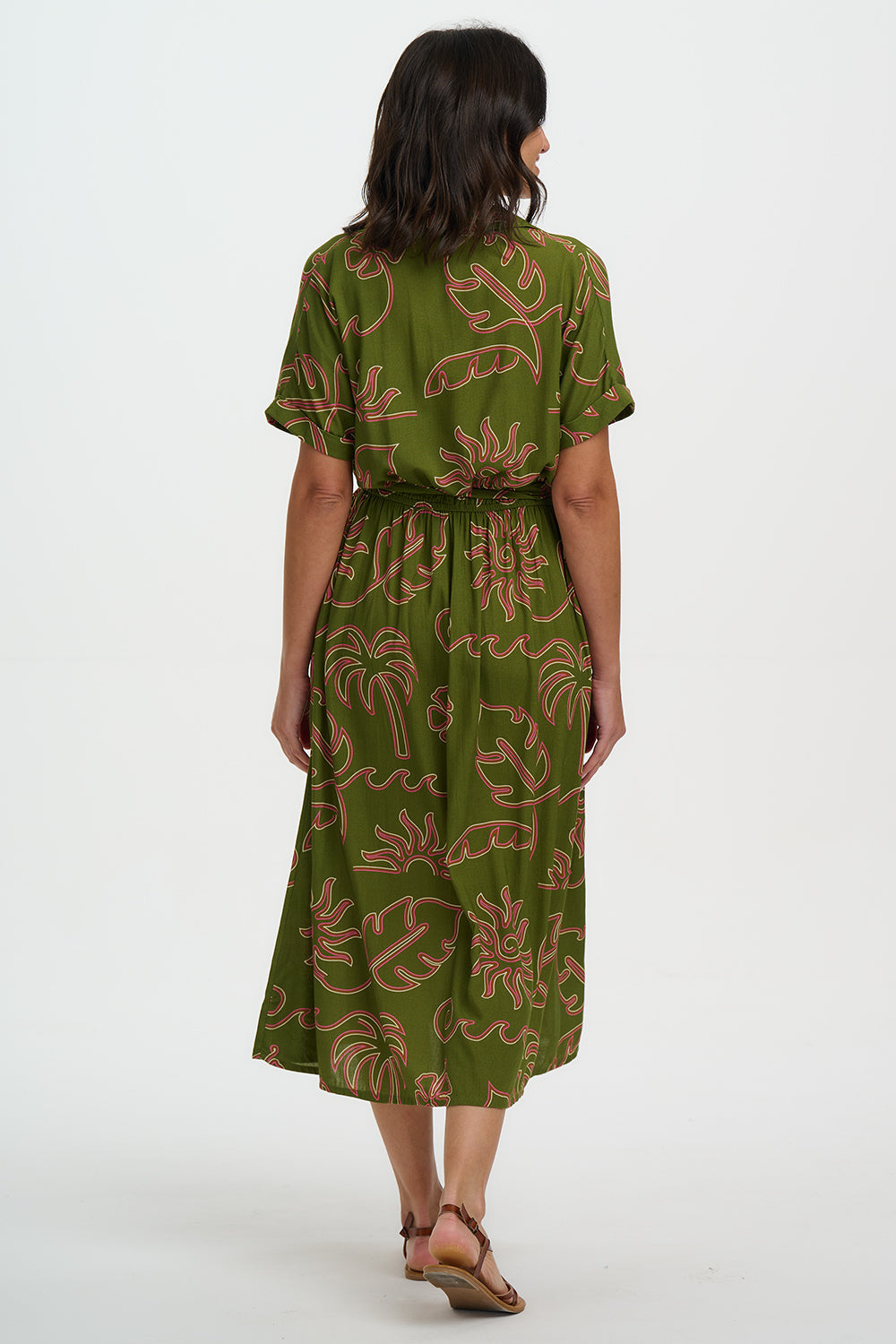 Leigh Midi Shirt Dress - Khaki, Tropical Line Drawing