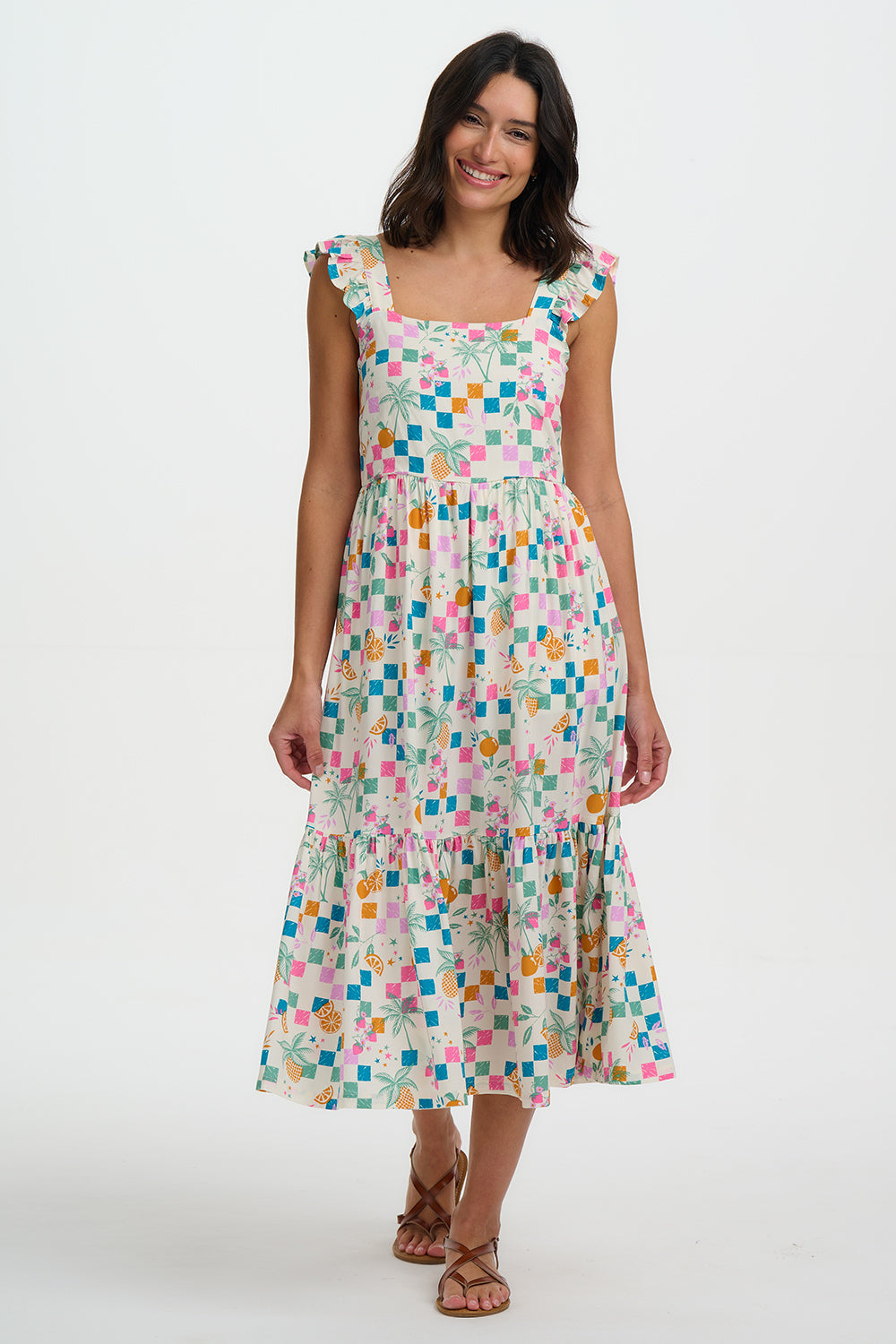 Estelle Shirred Dress - Off White, Fruit Checkerboard