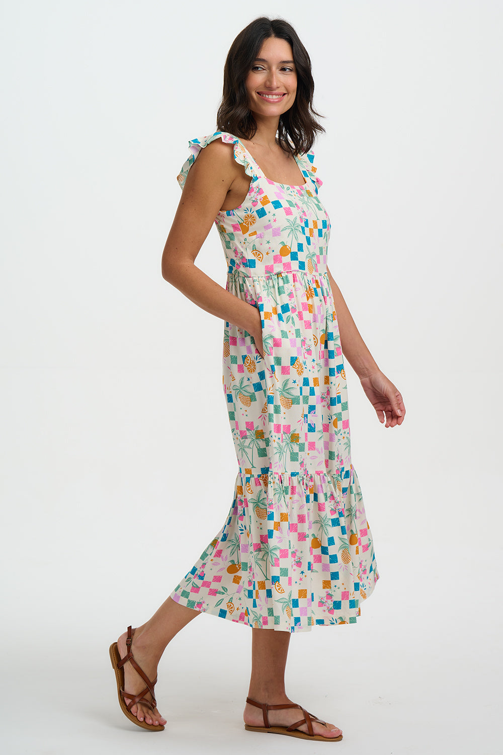 Estelle Shirred Dress - Off White, Fruit Checkerboard