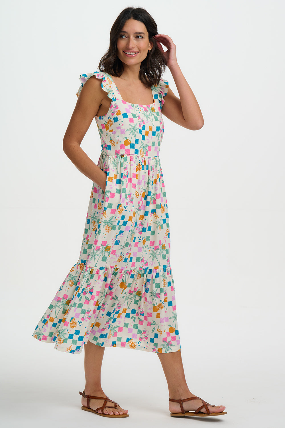 Estelle Shirred Dress - Off White, Fruit Checkerboard