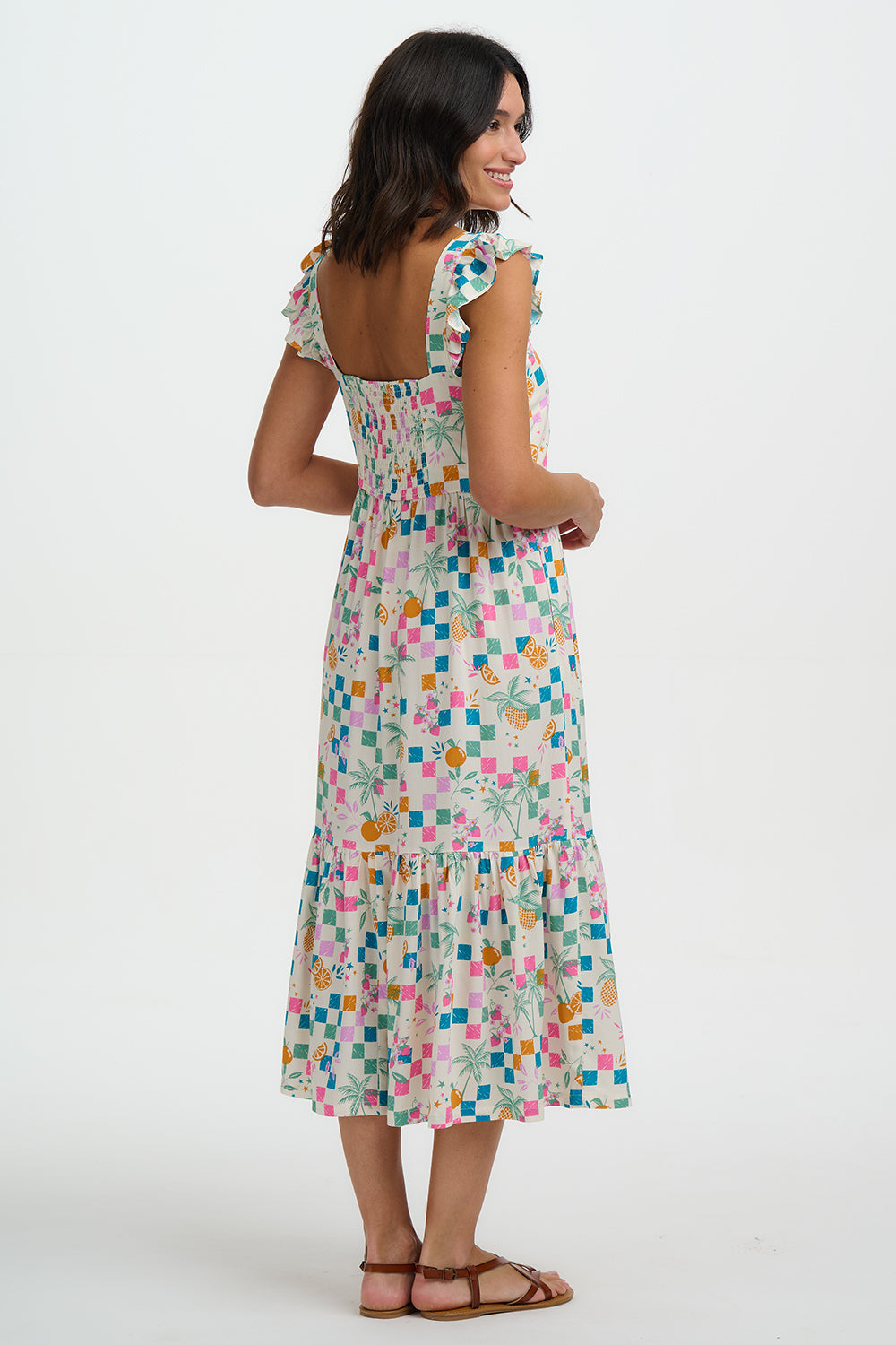 Estelle Shirred Dress - Off White, Fruit Checkerboard