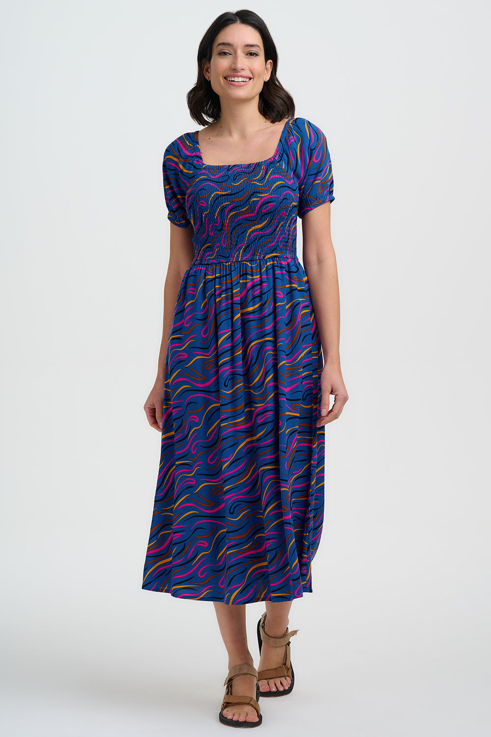 Jolene Shirred Midi Dress - Bright Navy, Jazz Waves