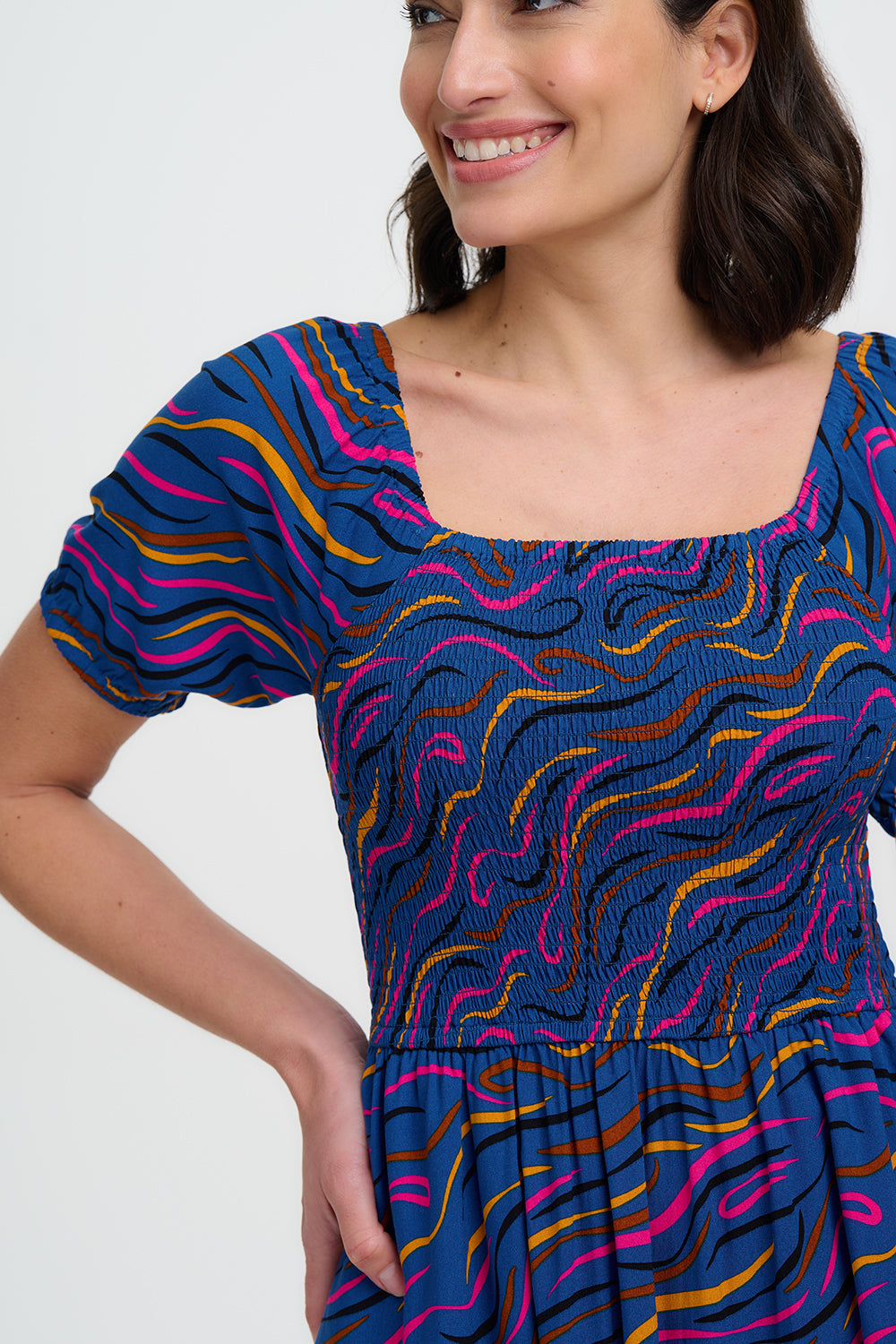 Jolene Shirred Midi Dress - Bright Navy, Jazz Waves