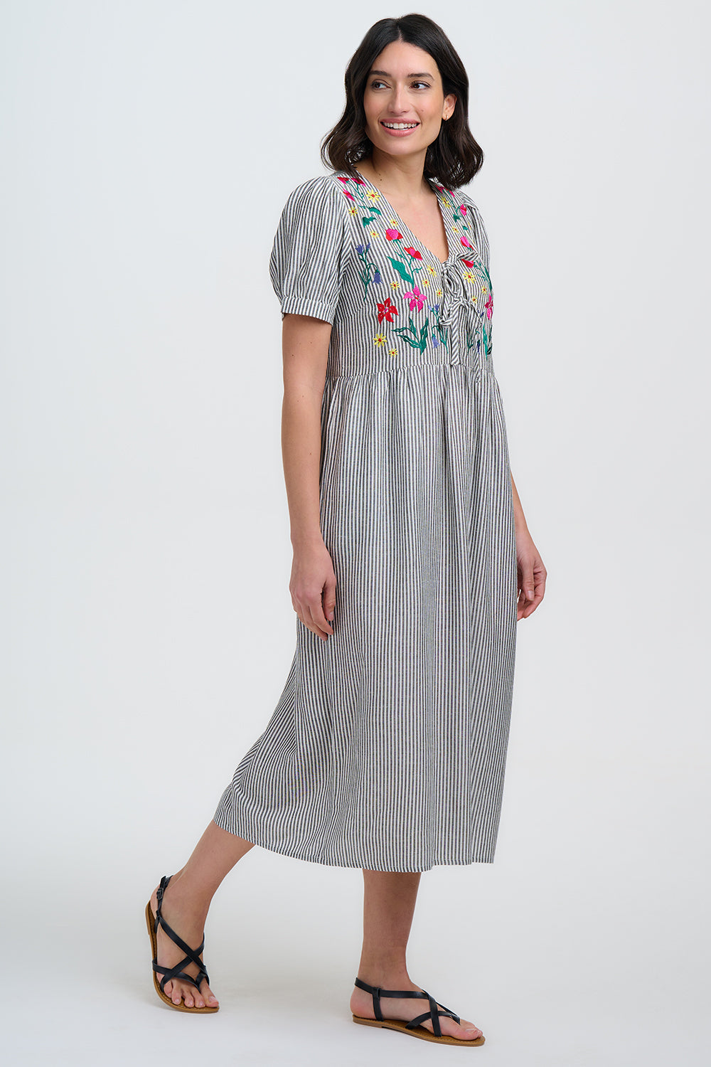 Ruby Midi Smock Dress - Monochrome Stripe, Garden Floral