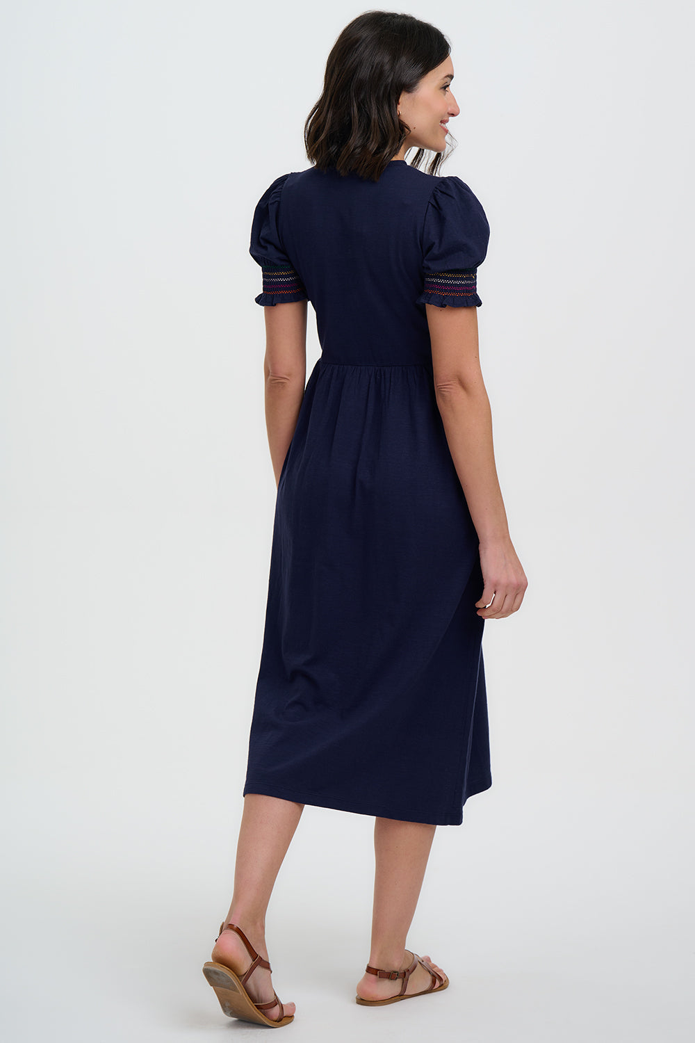 Esme Jersey Midi Dress - Navy, Tropic Palm Embroidery