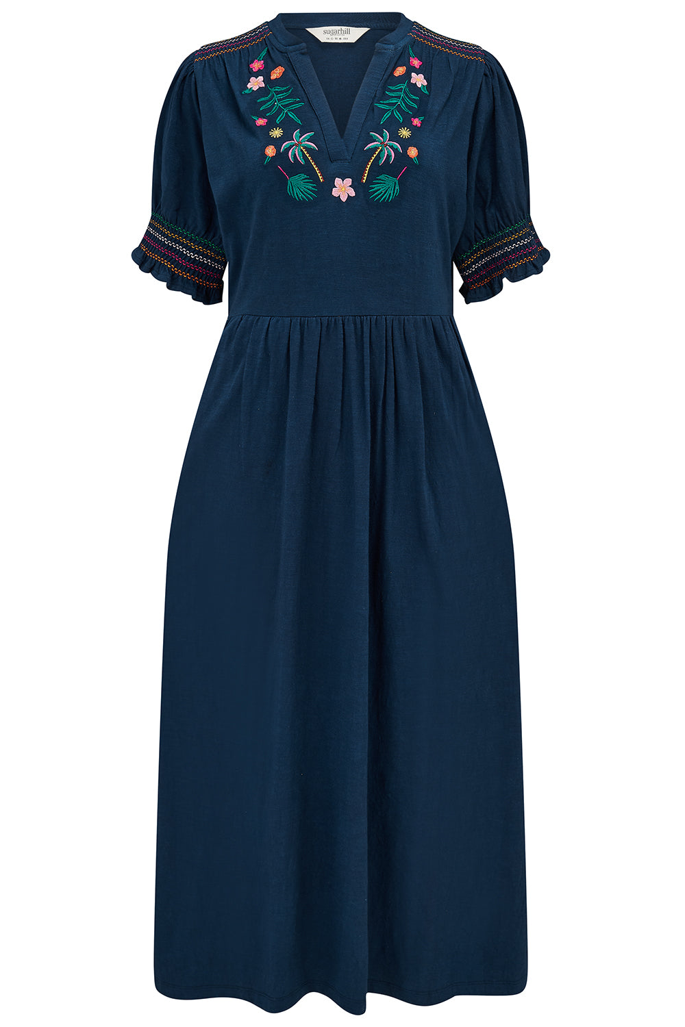 Esme Jersey Midi Dress - Navy, Tropic Palm Embroidery