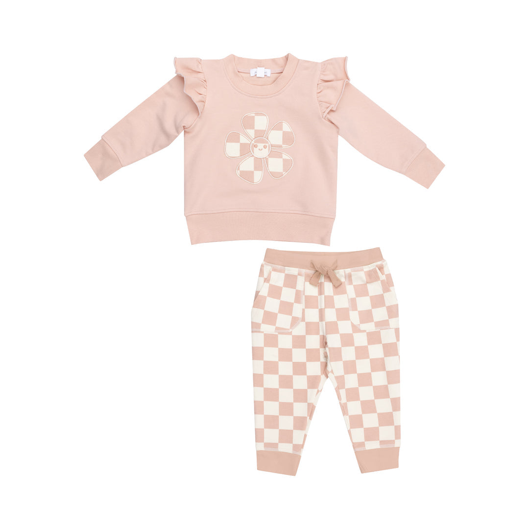 French Terry Checkerboard Pink - Ruffle Patch Sweatshirt+ Jogger by Angel Dear