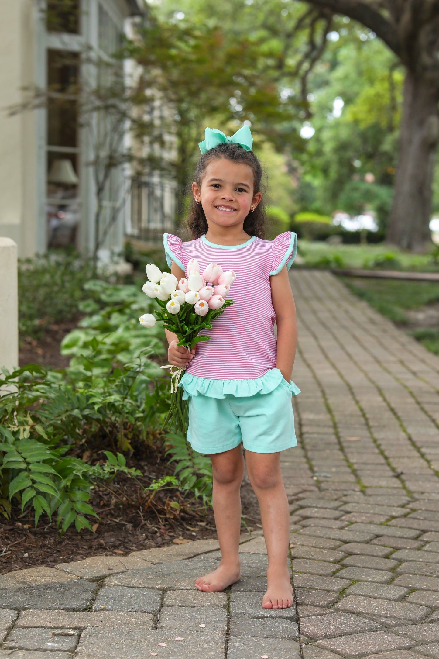 Mary Margaret Short Set-Pink Stripe/Mint by Trotter Street Kids