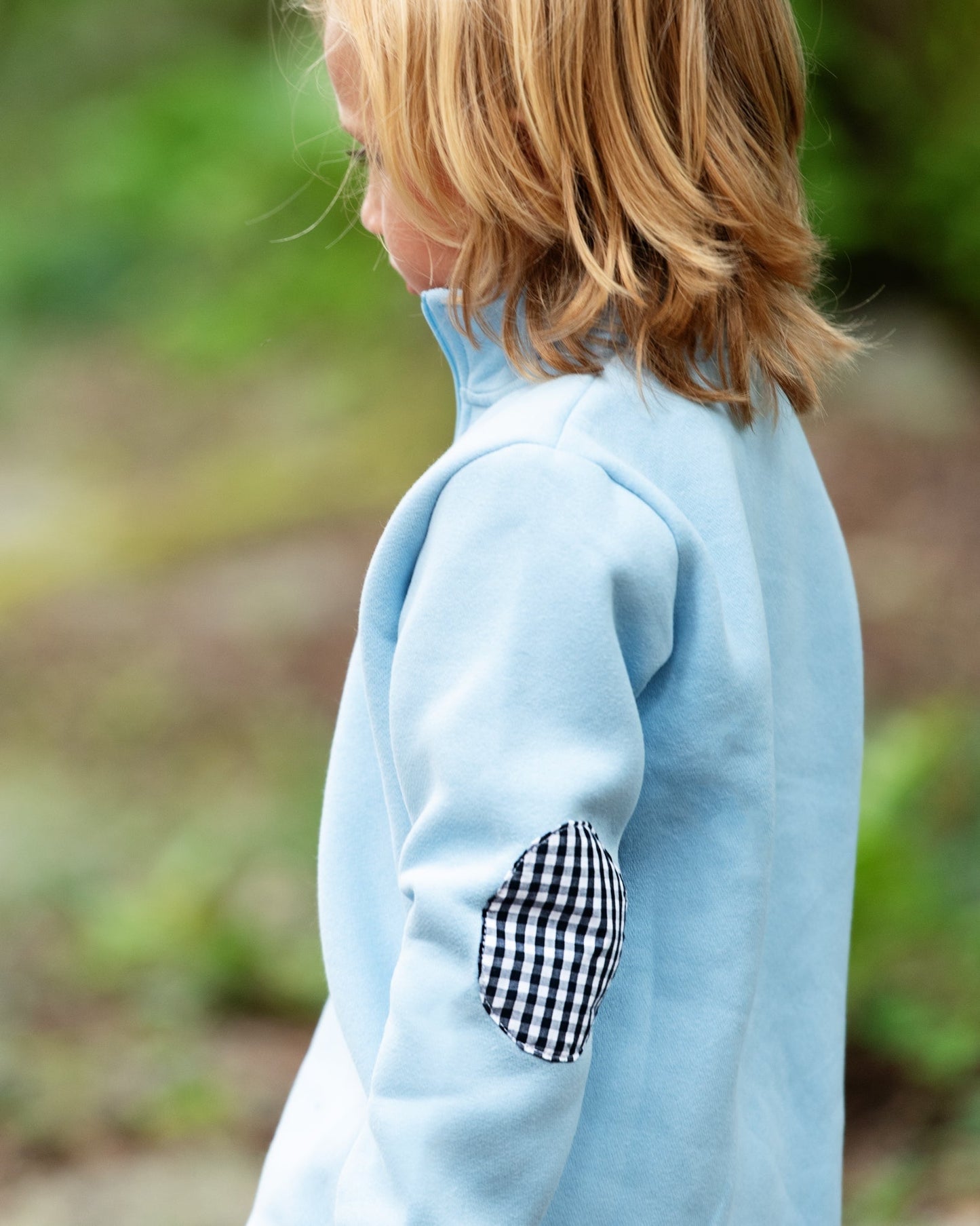 1/4 Zip Pullover - Light Blue and Navy Gingham by Jellybean